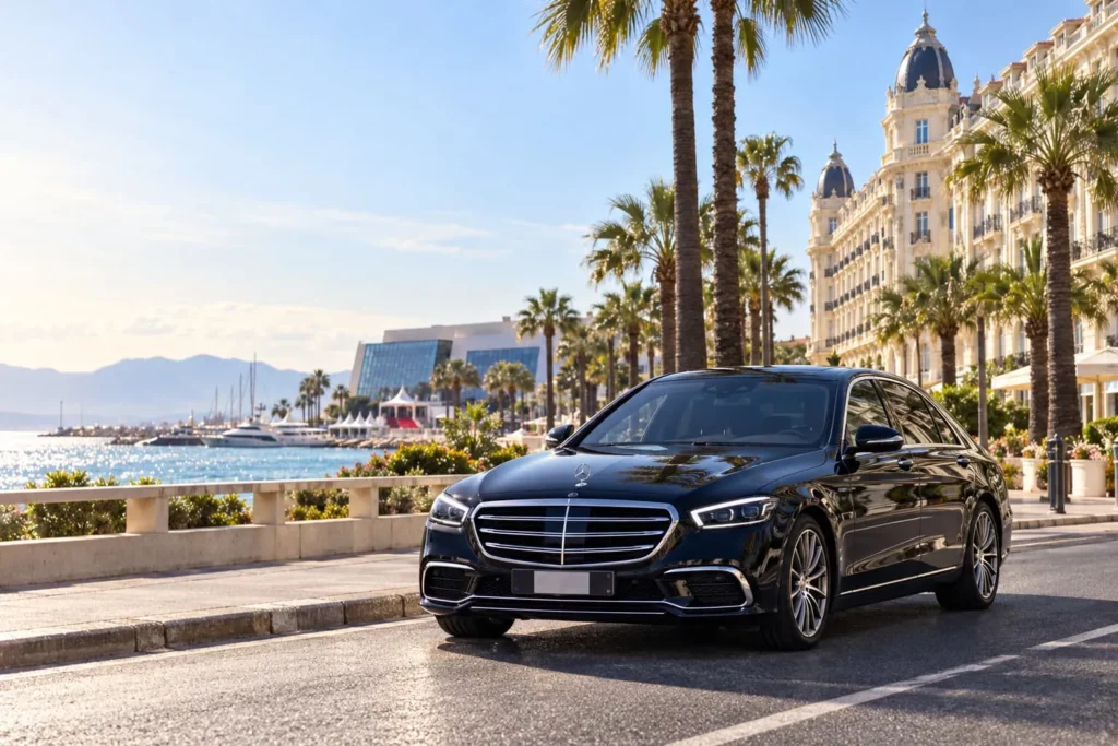 Berline Mercedes sur le boulevard de la Croisette, bordé de palmiers et face à la mer