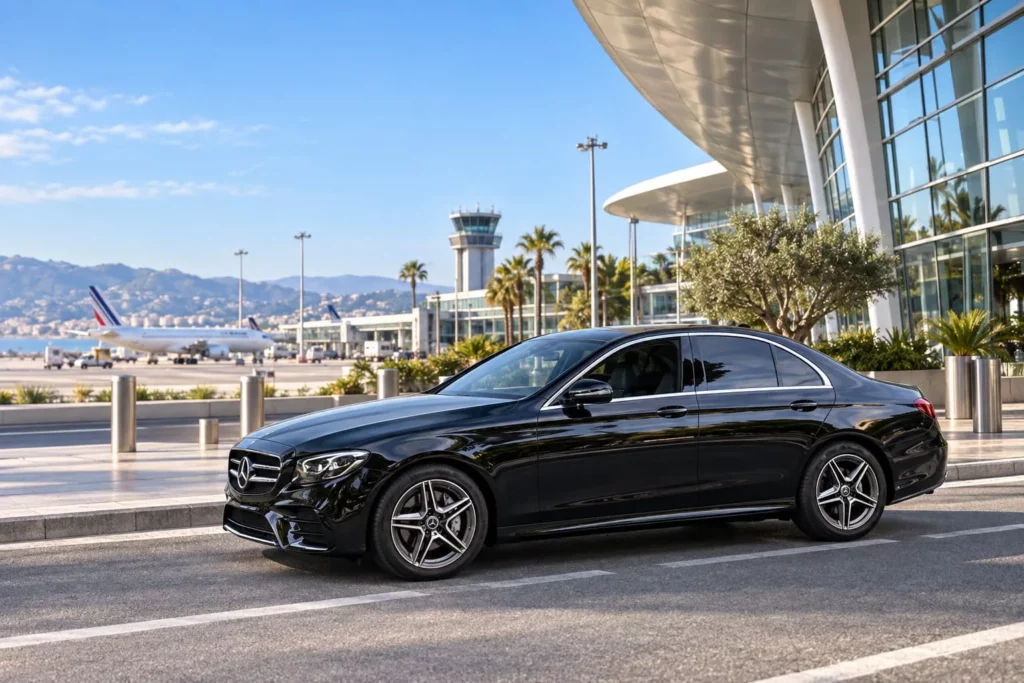 Berline Mercedes devant le terminal de l’aéroport de Nice, avec un avion en arrière-plan